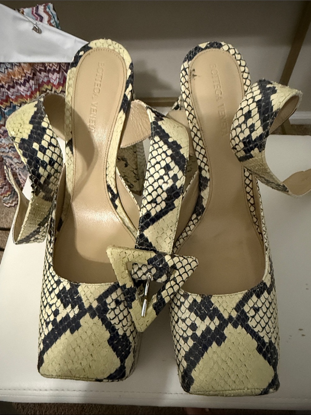Bottega Veneta Yellow and Black Snake-Print Square-Toe Slingback Heels